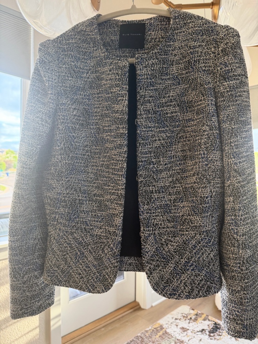 Elie Tahari Black and White Tweed Collarless Blazer